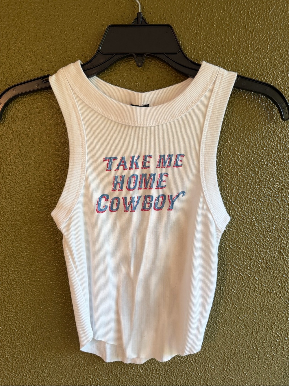 Windsor White Ribbed Tank with Red and Blue 'Take Me Home Cowboy' Graphic
